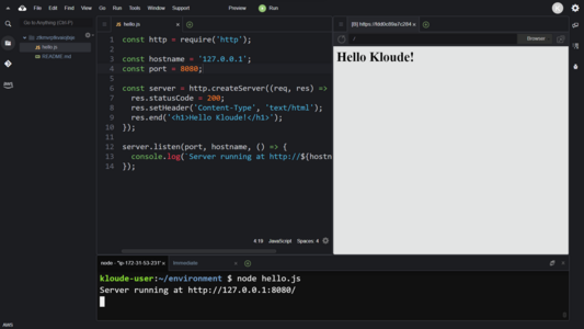 IDE showing node.js code and successfully running "hello world" program