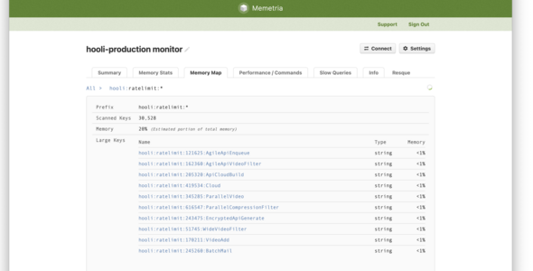 Memory map summary shows size of Redis namespaces