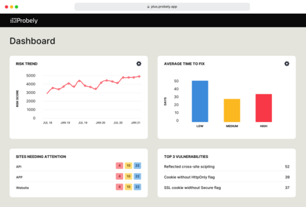 Probely Dashboard with risk trend, average time to fix, sites needing attention, and top vulns