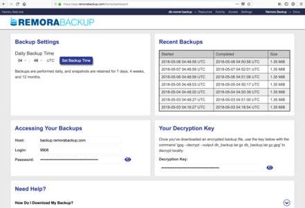 Remora Backup dashboard