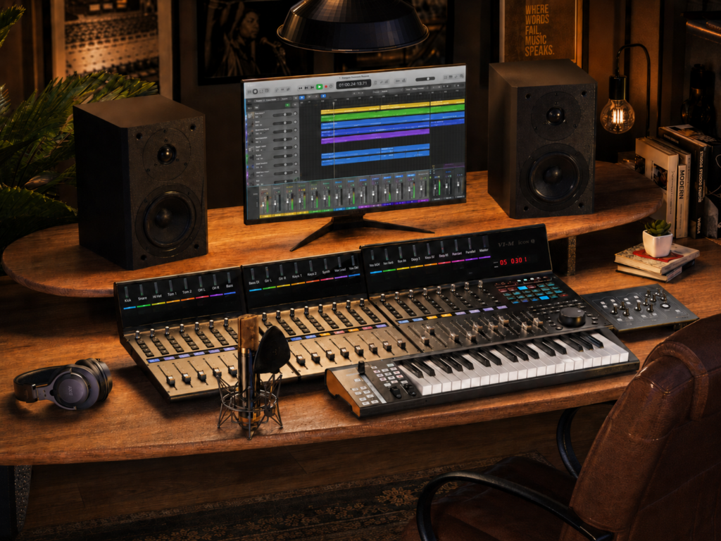 Warm home studio setup featuring iCON Pro Audio V Series and P Series DAW controllers with the official Logic Pro control script displayed in a Logic Pro session.