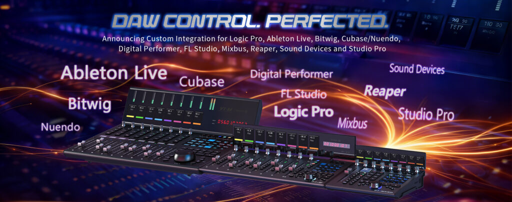 iCON Pro Audio V Series DAW controllers with integration for Logic Pro, Ableton Live, Cubase, Bitwig, FL Studio, REAPER, and Studio Pro.