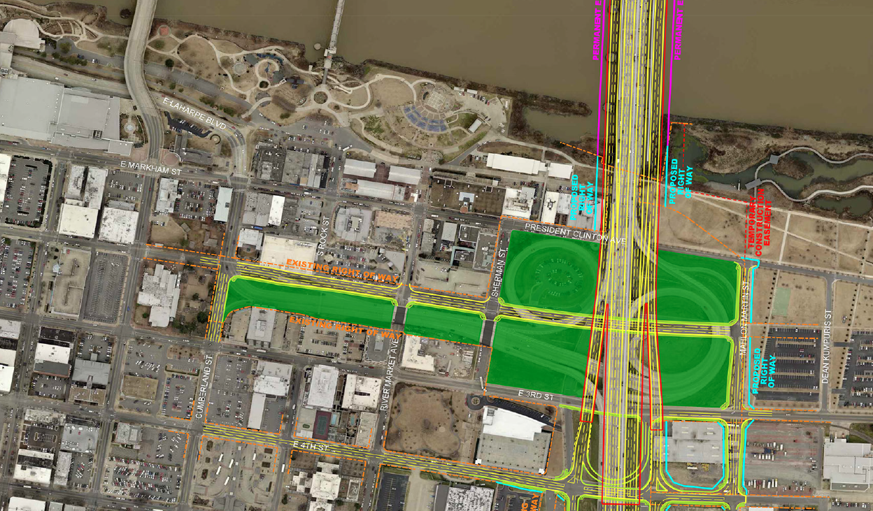 An aerial photo illustration showing changes to Interstate 30 in downtown Little Rock. The area in green could become a park.