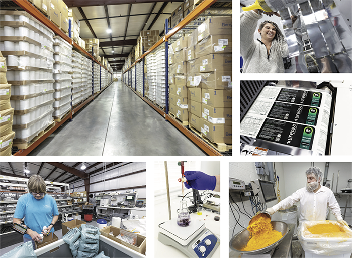 Clockwise from top left: Rows of raw materials await processing and blending at LifePlus in Batesville. Valerie Fortenberry works on labeling equipment at LifePlus, whose multiple foreign markets require just-in-time labeling capacity. Shelby Anderson weighs a combination of vitamin B2 and riboflavin . On-site laboratories perform precise chemical tests, such as determining the amount of iodine in a solution. And the device on Denise Butler's right arm helps streamline picking and packing a customer's order for shipment.