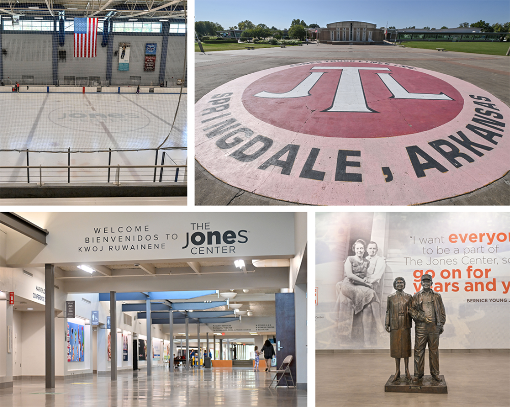 Scenes from the Jones Center for Families in Springdale, where visitors are greeted by a statue of the late Harvey and Bernice Jones, whose fortune seeded charitable efforts that endure.