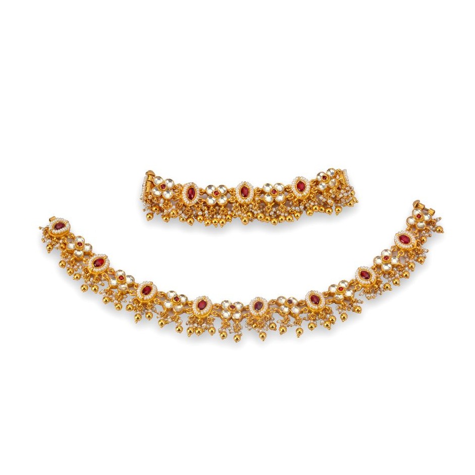 925 silver ruby & moissanite stones payal with khakho moti