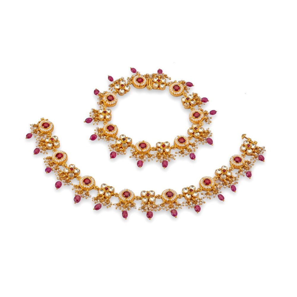 925 silver ruby and moissanite sone payal with khakho moti