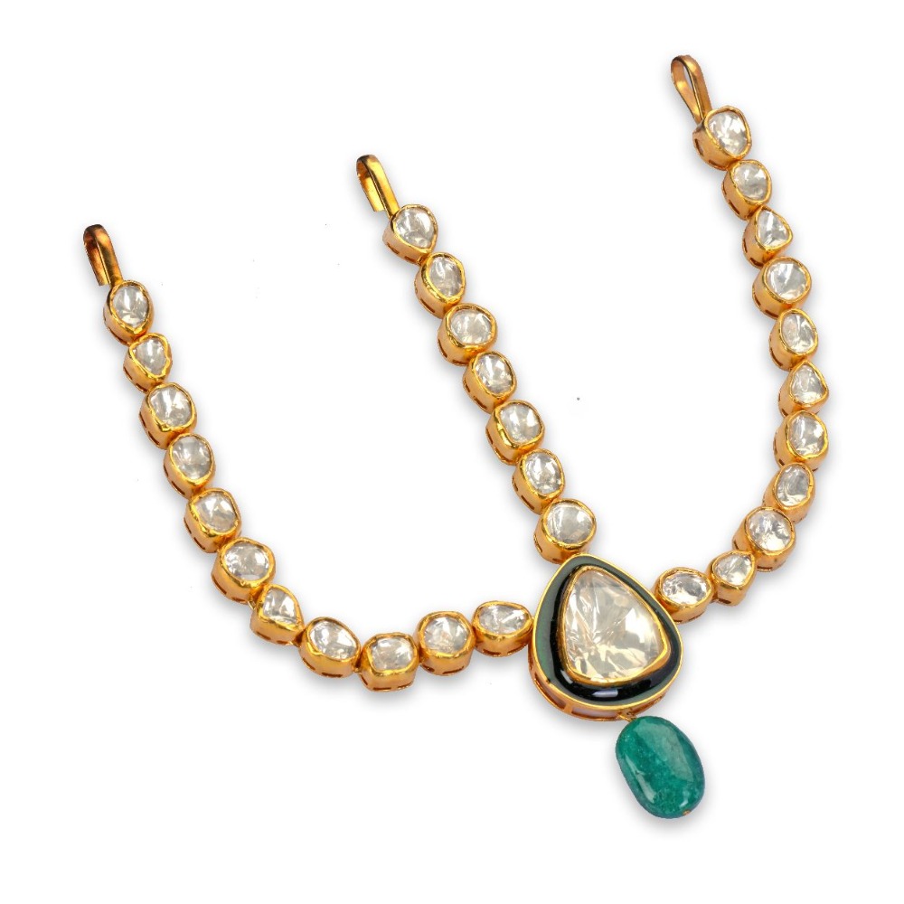Shehnai 925 silver moissanite & emerald stone hair chain