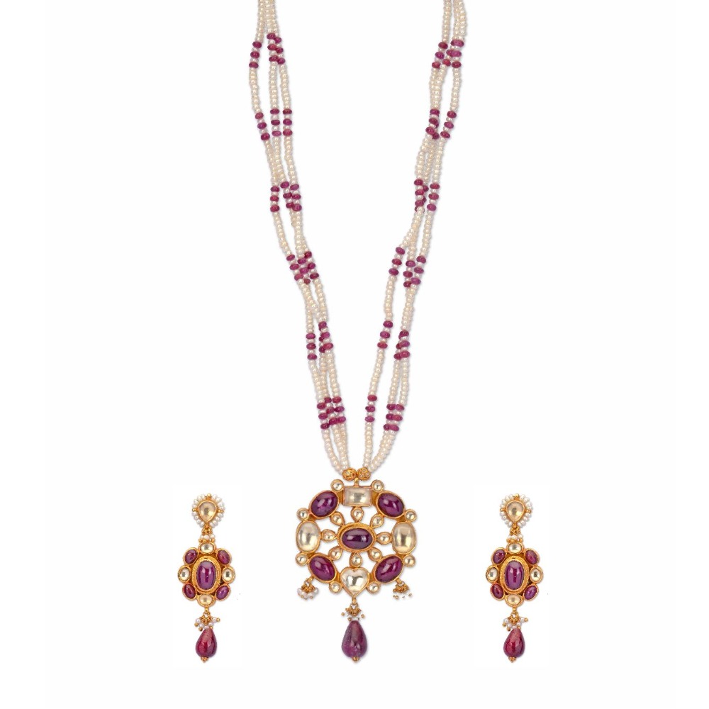 925 silver elegant khakho moti pendant set with ruby stone