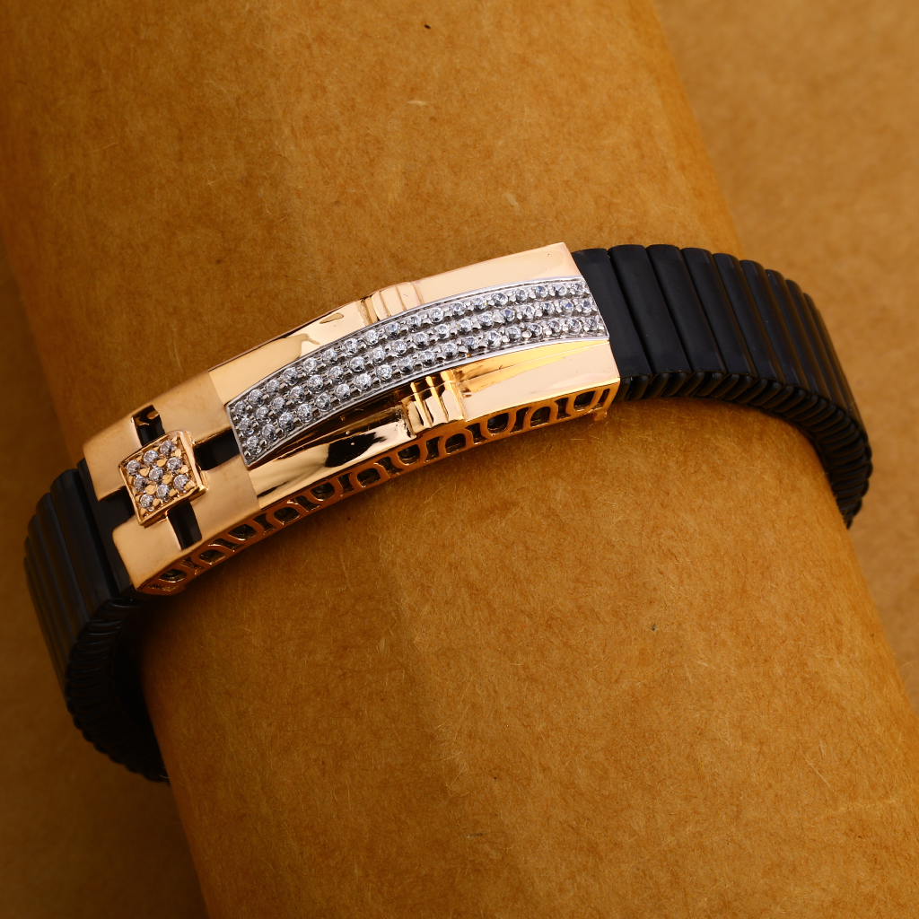 18KT Rose Gold mens Fancy CZ Leather Bracelet MLB214