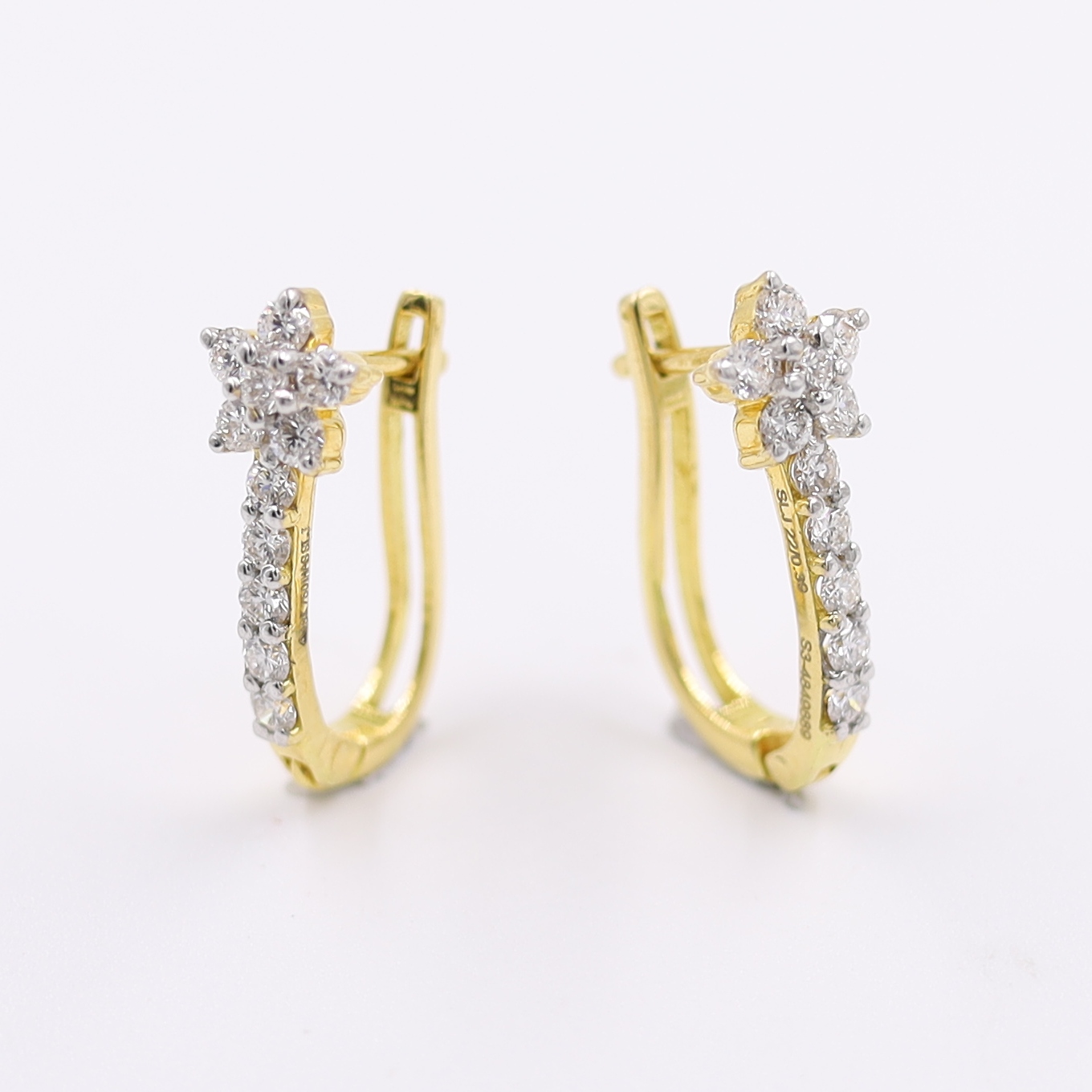 18KT Flower Diamond Hoop Bali Yellow Gold Earrings