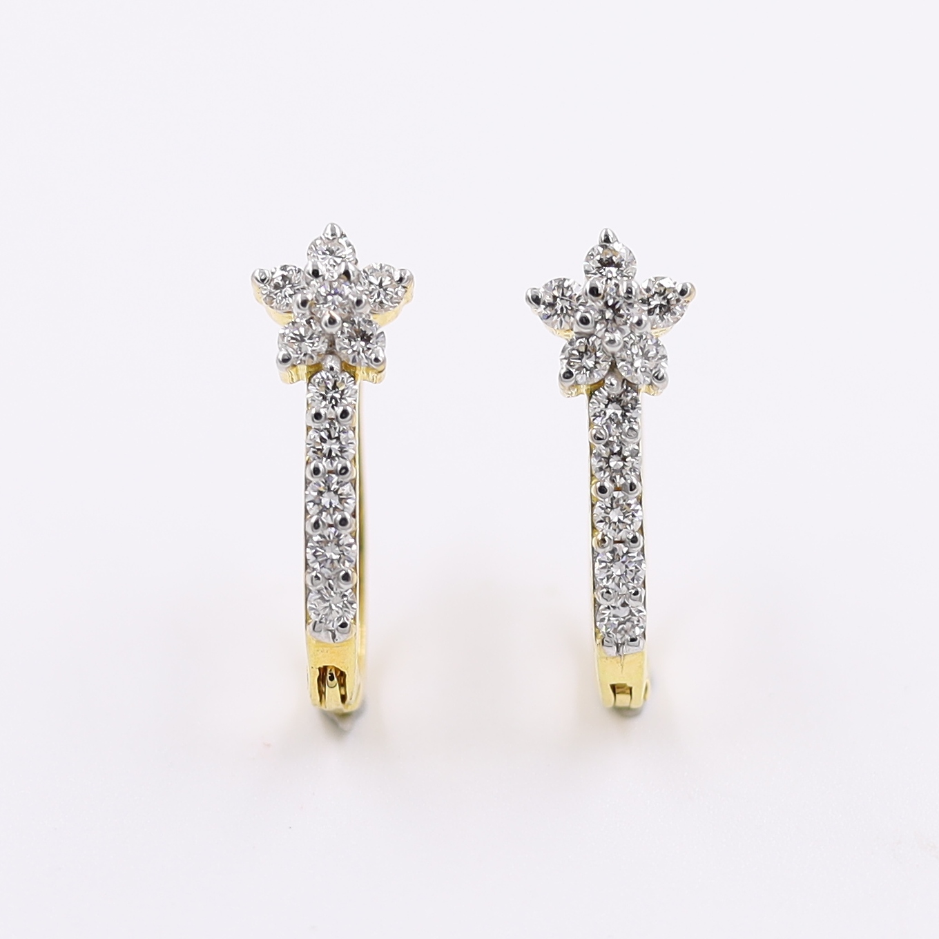 18KT Flower Diamond Hoop Bali Yellow Gold Earrings