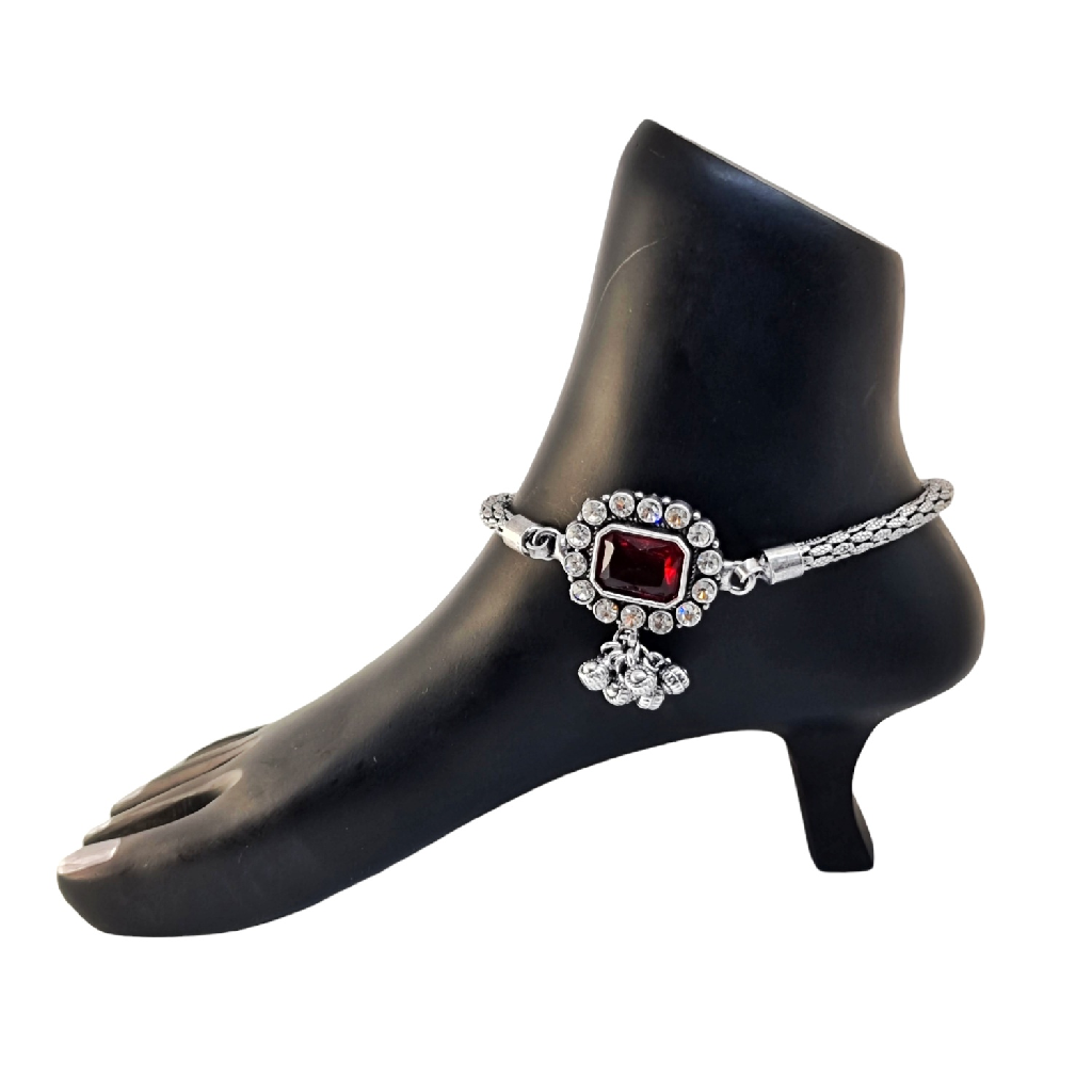 Square Red Stone Bridal Payal In Silver MGA - PLS4267
