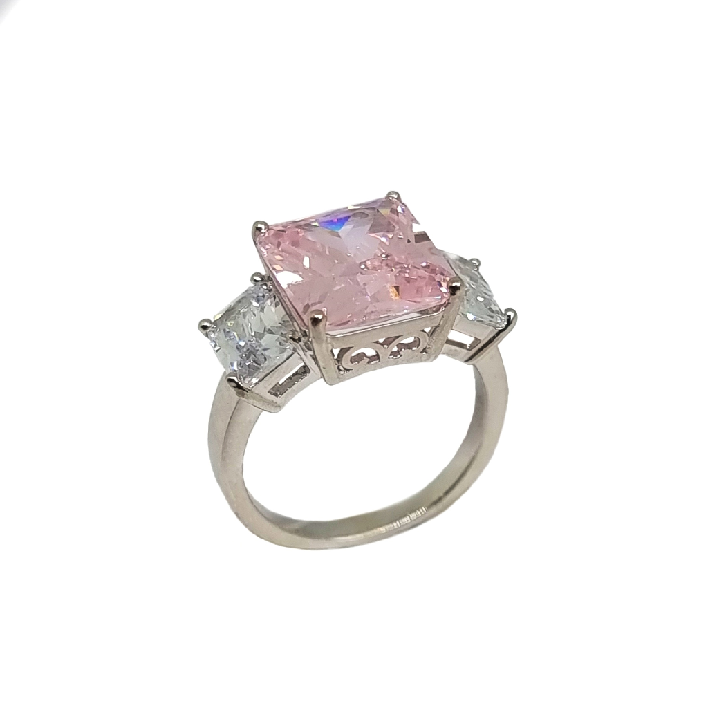 925 Sterling Silver Three Square Diamond Ring MGA - LRS4788
