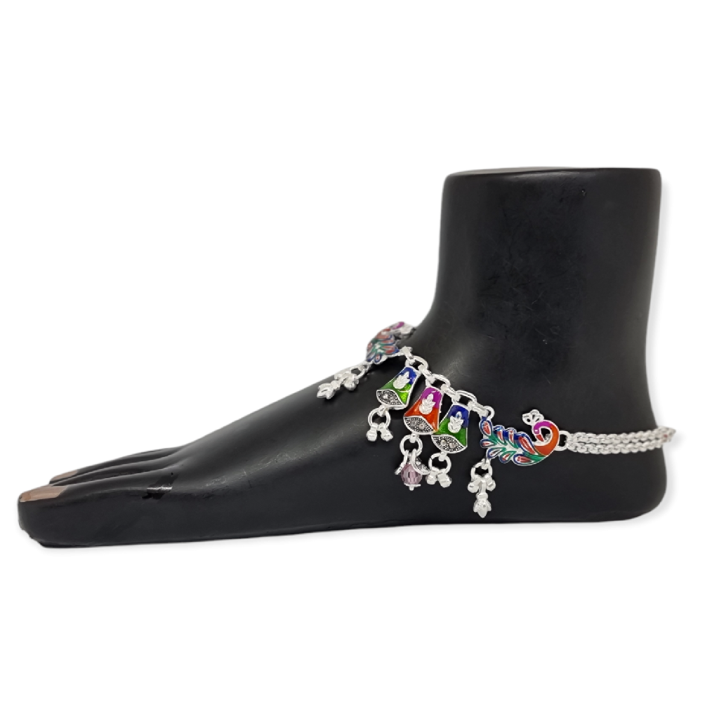 Silver peacock meenakari payal mga - pls3980