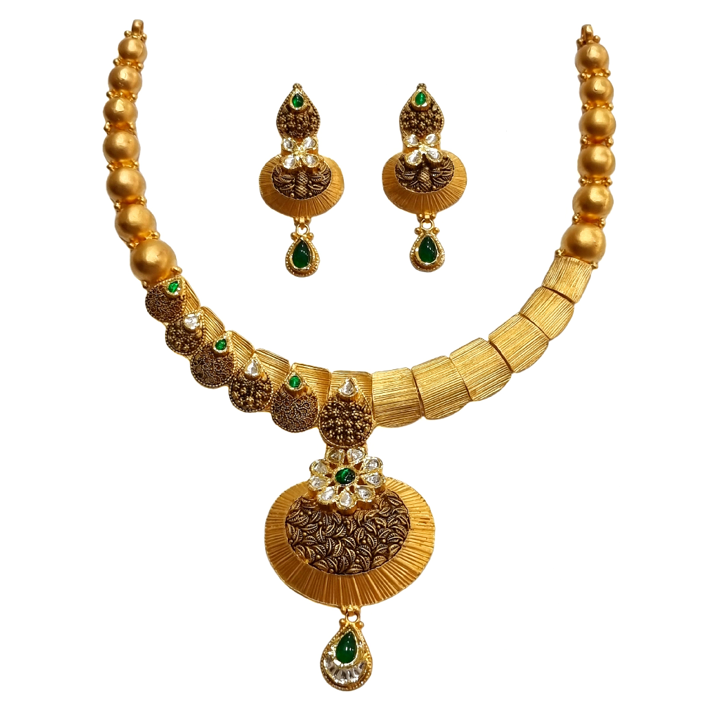 22K Gold Antique Oxidised Modern Necklace Set MGA - GN0097