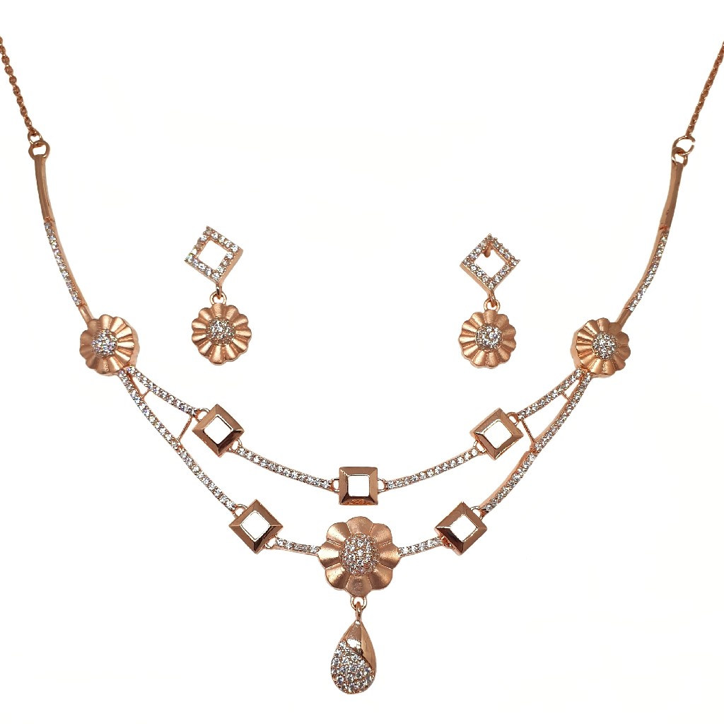 925 Rose Silver Flower Shaped Modern Necklace Set MGA - NKS0103