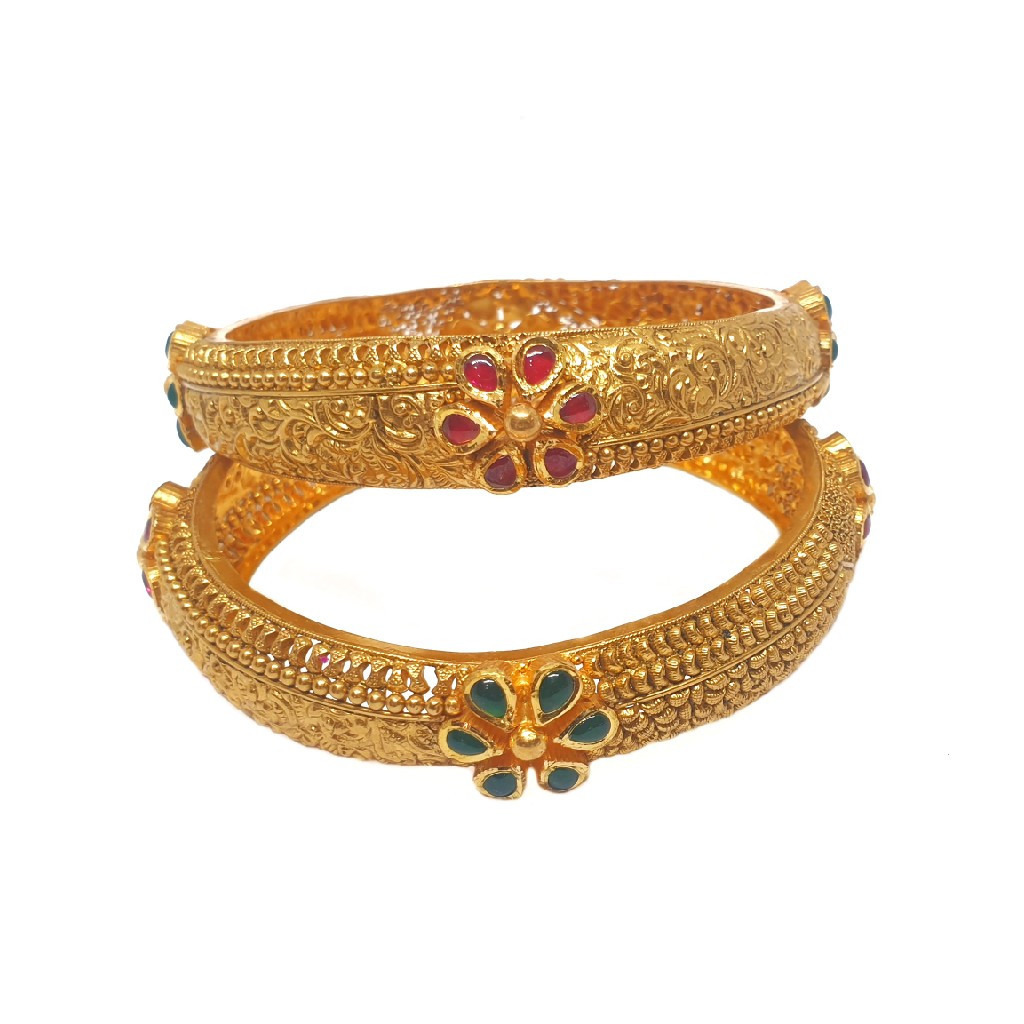 22K Gold Flower Shaped Antique Patla Bangles MGA - GP079