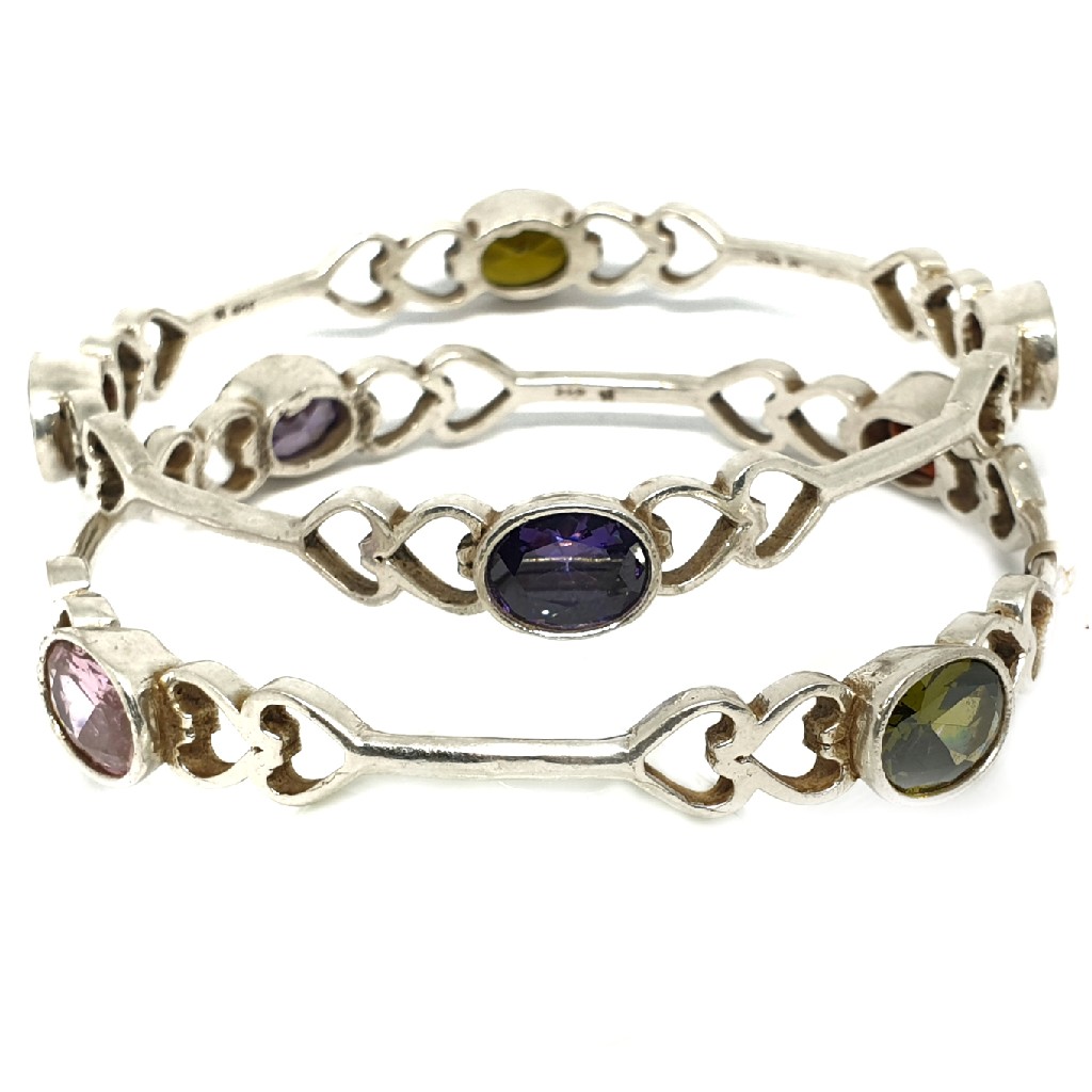 925 sterling silver heart shape colour stone bangle mga - kds0153