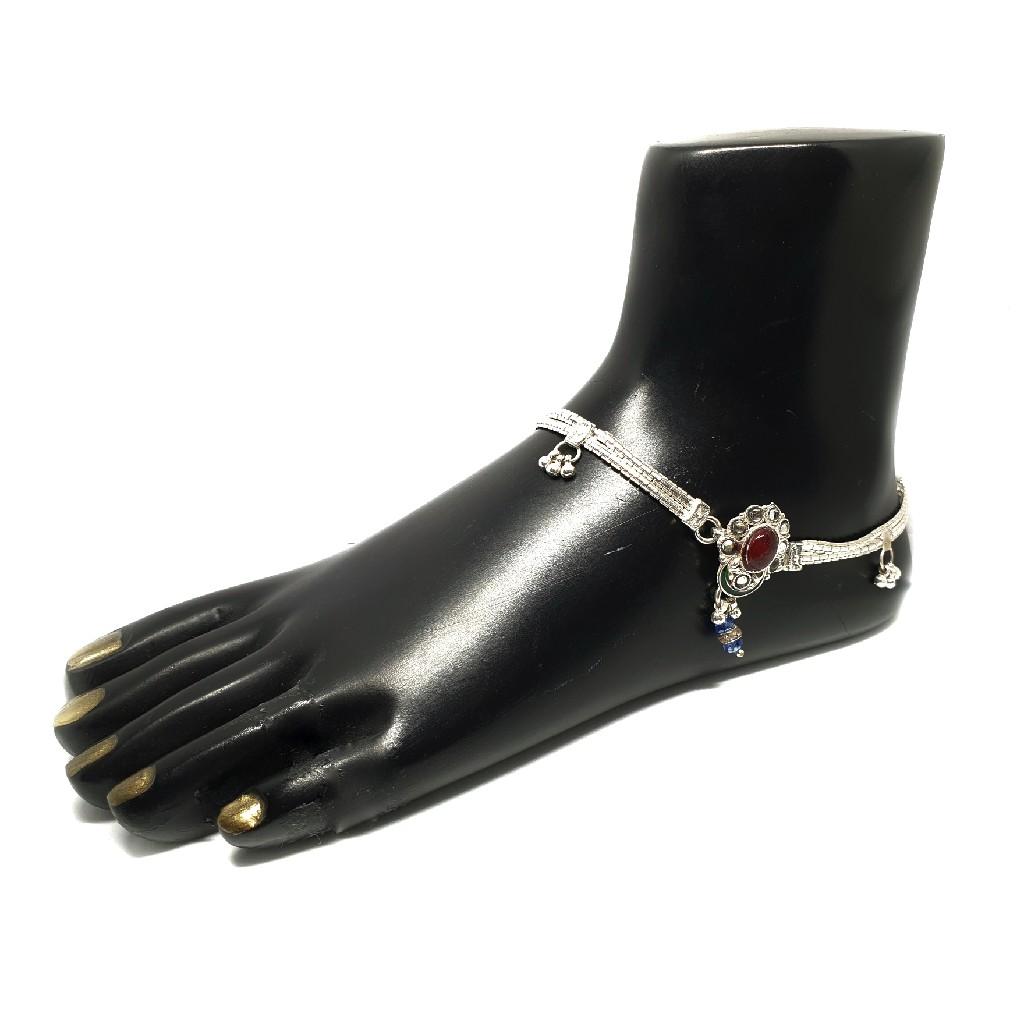 Oval Shaped Red Stone Silver Payal MGA - PLS0467