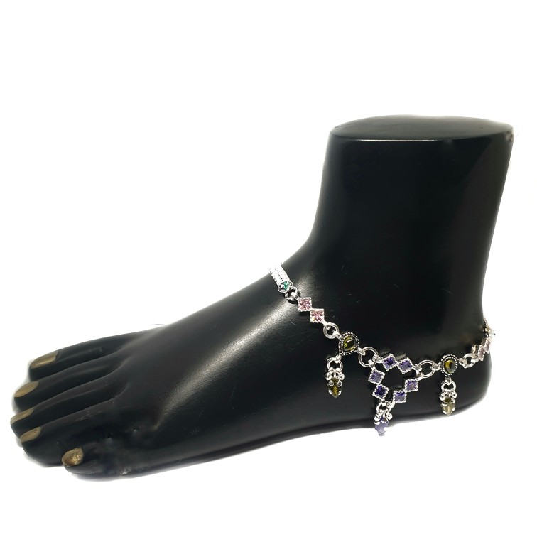 Square Shaped Colourful Diamond Silver Anklet Payal MGA - PLS0084