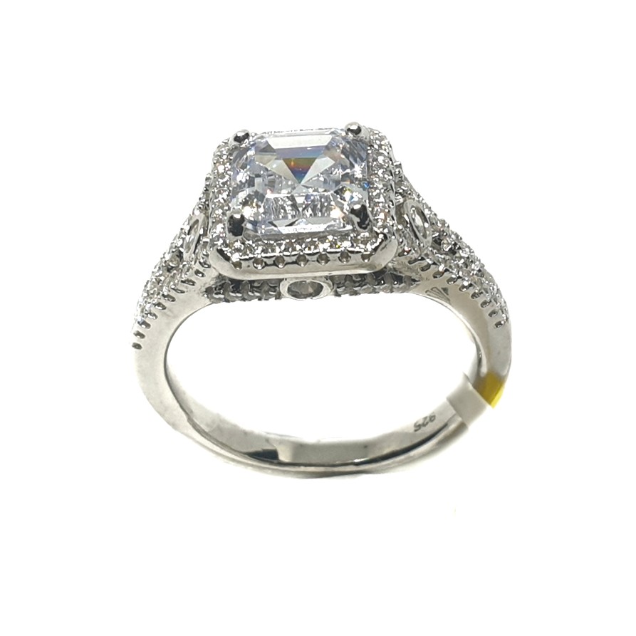 925 Sterling Silver Square Shape Solitaire Diamond Ring MGA - LRS1513