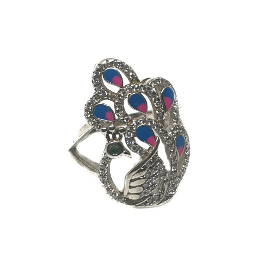 925 Sterling Silver Meenakari Peacock Shape Ring MGA - LRS0094