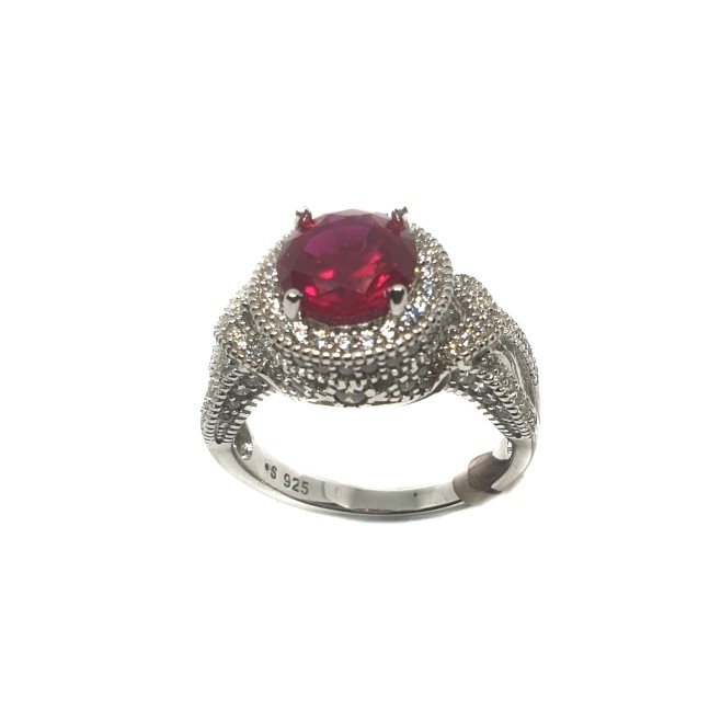 925 Sterling Silver Round Shaped Pink Stone Ring MGA - LRS0533