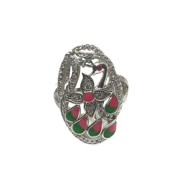 925 Sterling Silver Peacock Shaped Meenakari Ring MGA - LRS0056
