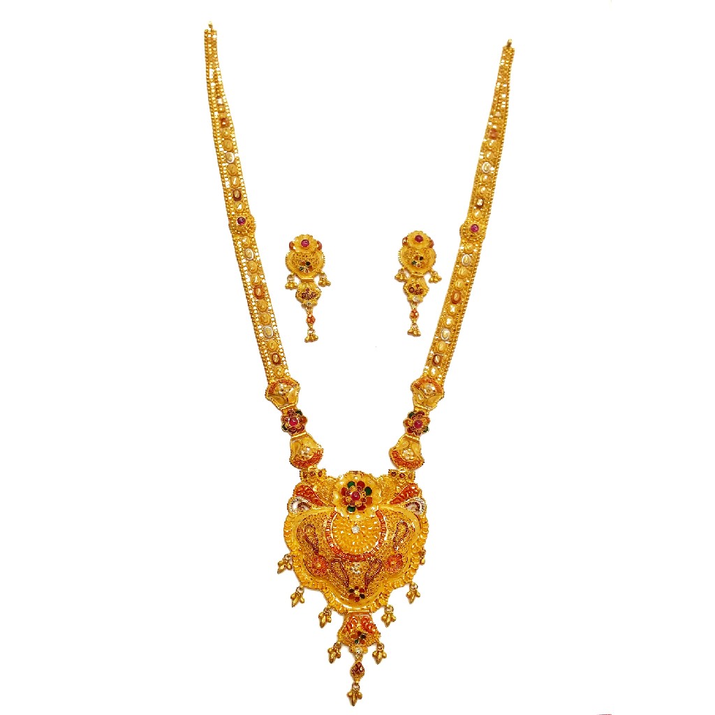 22k Gold Dark Pink Flower Shape Necklace Set MGA - GLS084