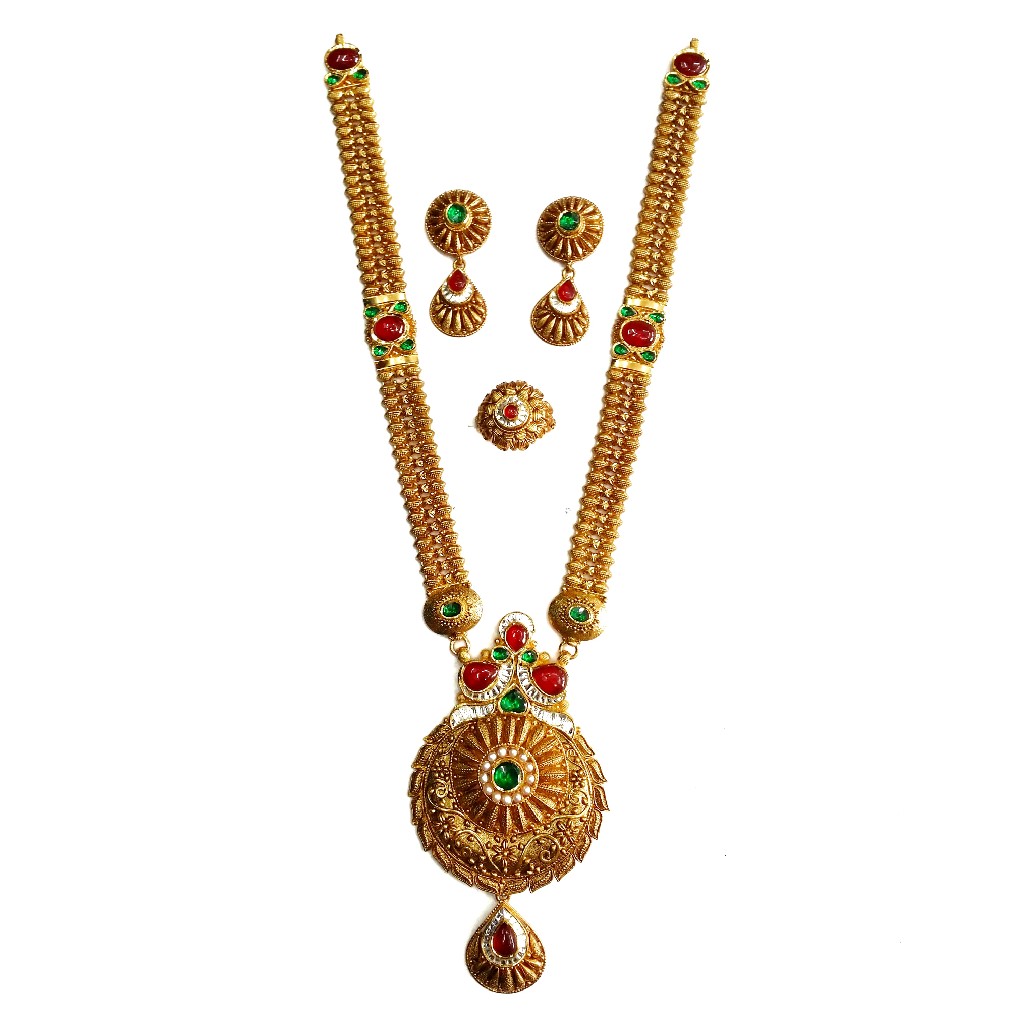 916 Gold Antique Rajwadi Necklace With Earrings & Ring MGA - GLS079