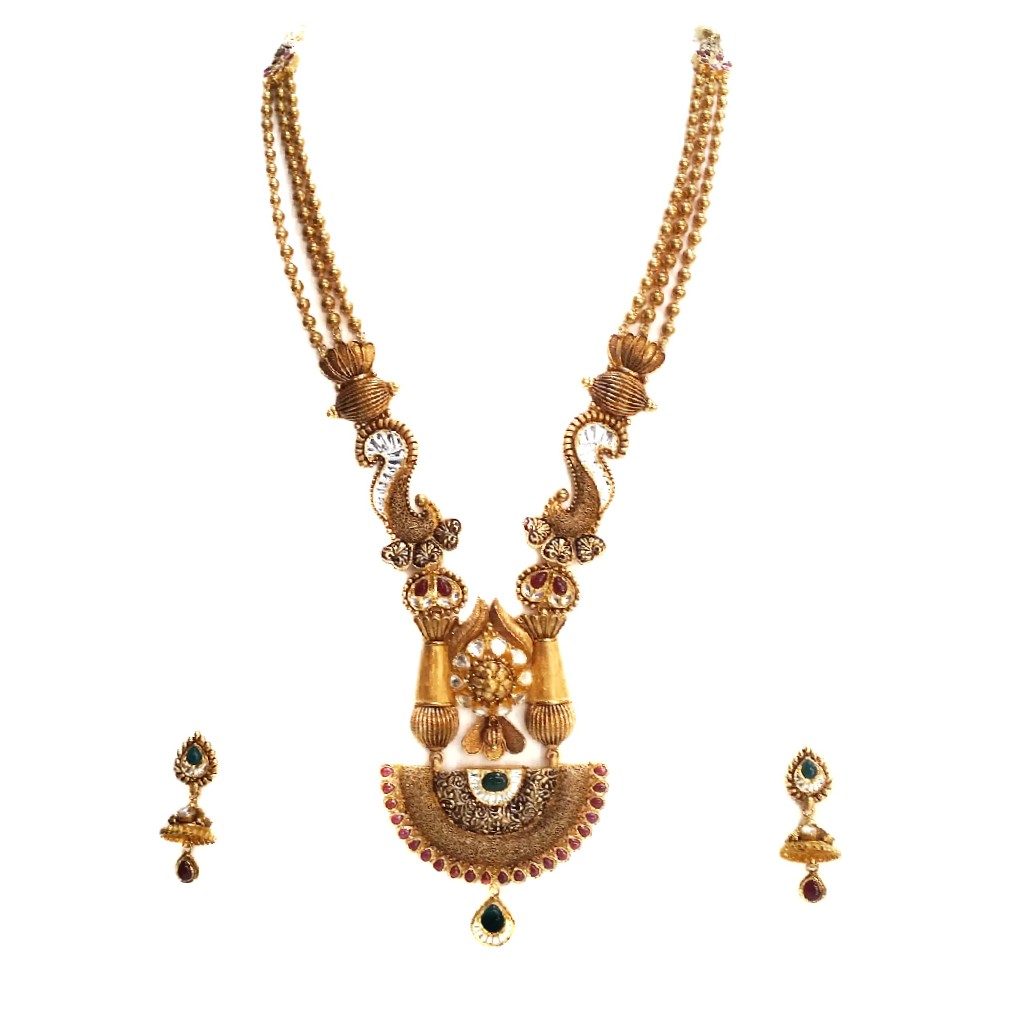 916 Gold Antique Rajwadi Necklace With jumar buti MGA - GLS077