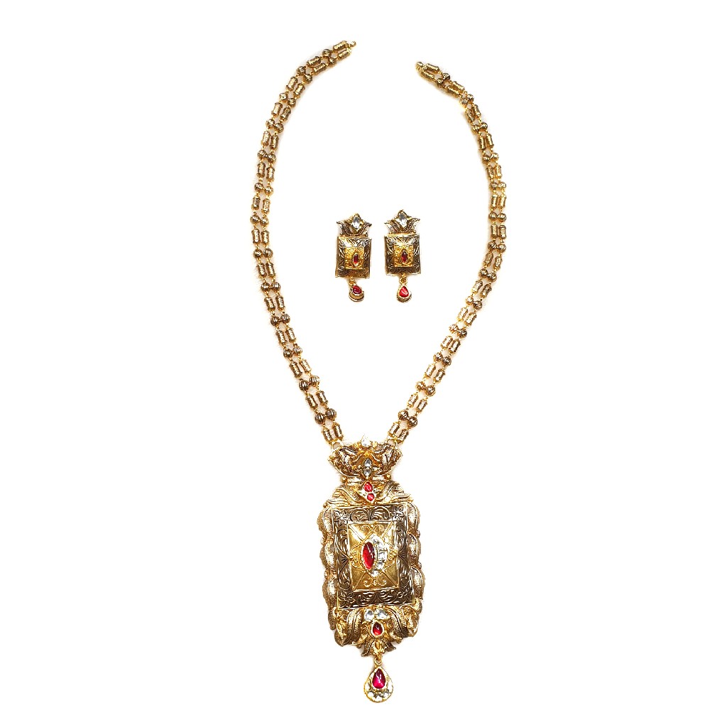 22k Gold Antique Designer Mala Necklace With Earrings MGA - GLS067