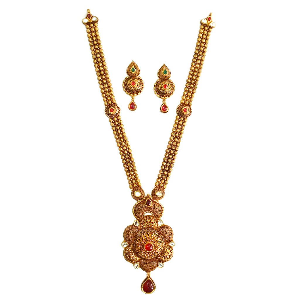 22k Gold Flower Shaped Antique Rajwadi Necklace Set MGA - GLS055