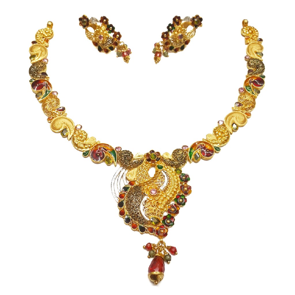 916 Gold Multi Meenakari Flower Shaped Necklace Set MGA - GN066
