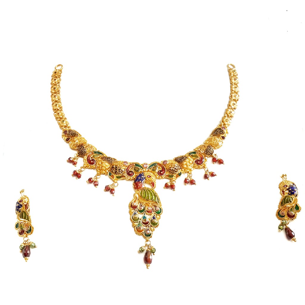 22k Gold Meenakari Peacock Necklace Set MGA - GN065