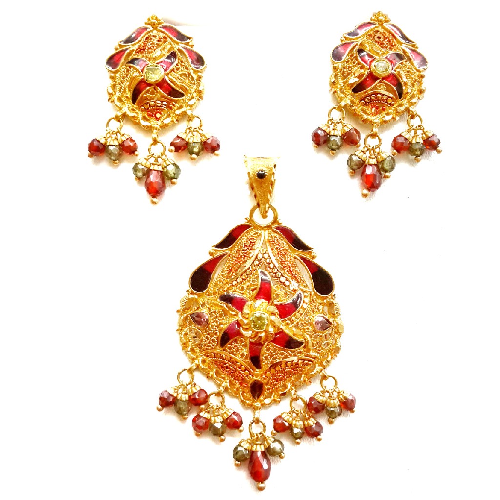 22kt Gold Kalkatti Meenakari Designer Pendant Set MGA - GPS011