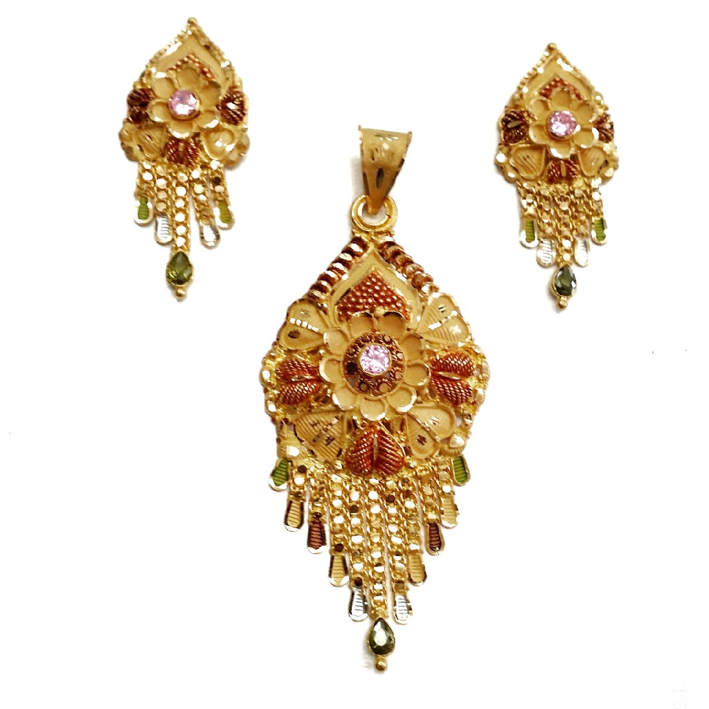 22k Gold Pink Diamond Flower Shape Pendant Set MGA - GPS007