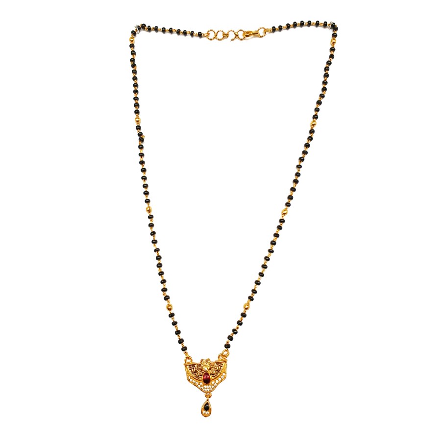 One gram gold forming single line black beads mangalsutra mga - mse0051