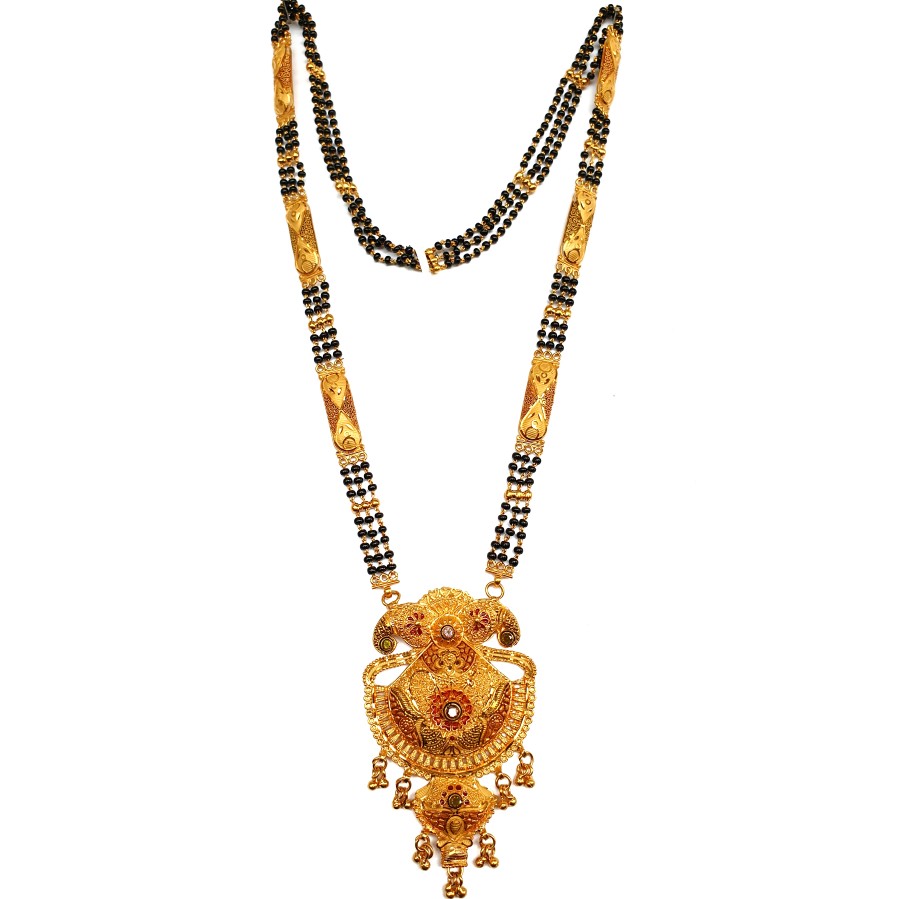 1 gram gold forming three line kalkatti mangalsutra mga - mse0125
