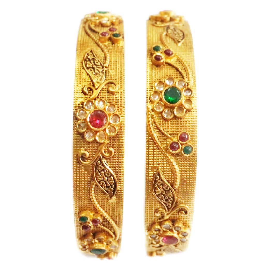 22k Gold Antique Checkers Diamond Flower Shape Kada Bangles MGA - GP055