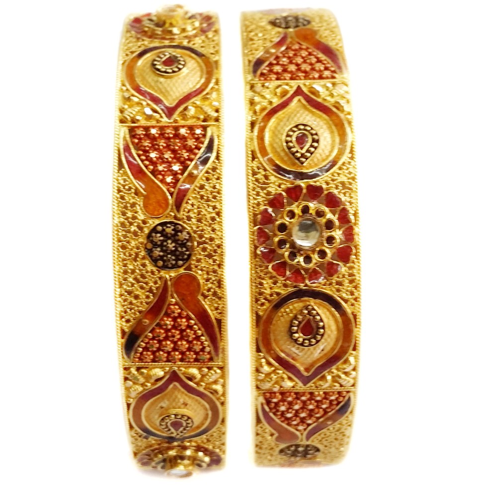 22k Gold Red Heart Shape Meenakari Flower Kada Bangles MGA - GP044