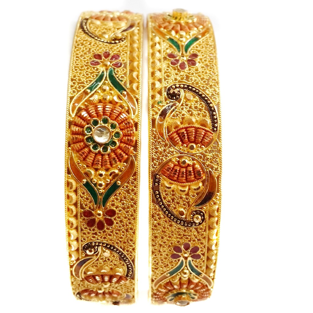 22k Gold Green Meenakari Flower Shape Patla Bangles MGA - GP043
