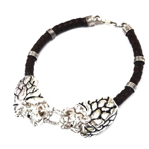 925 Sterling Silver Leather Belt Lion Bracelet MGA - KRS0106