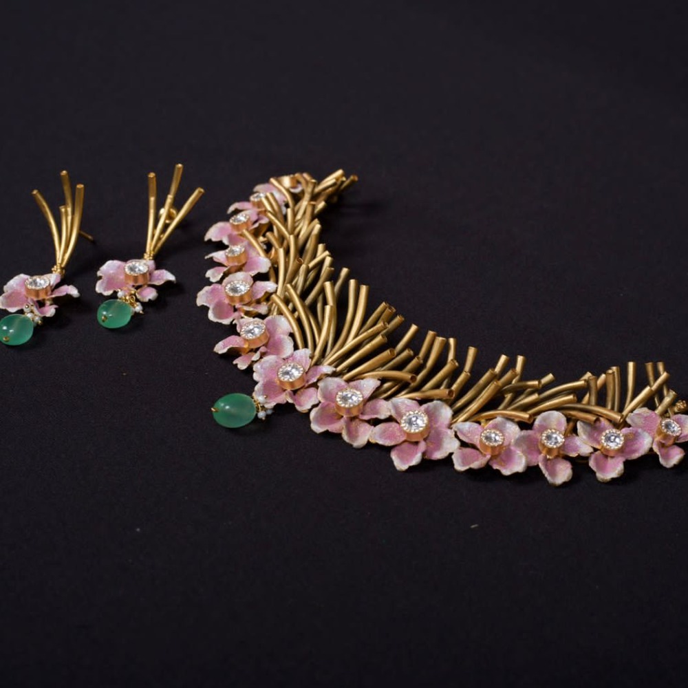 gold pink flower necklace set
