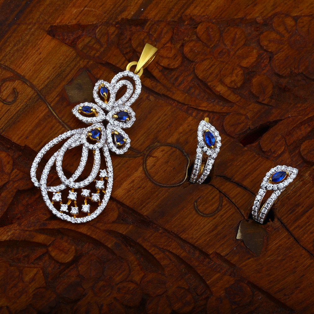 916 CZ Hallmark Gold Blue Stone Pendant Set