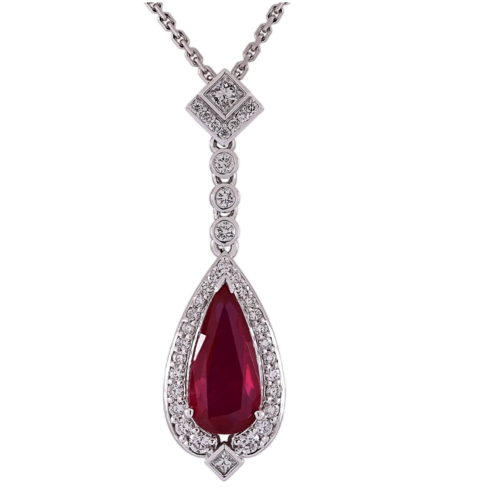 18K White Gold Ruby Halo Pendant