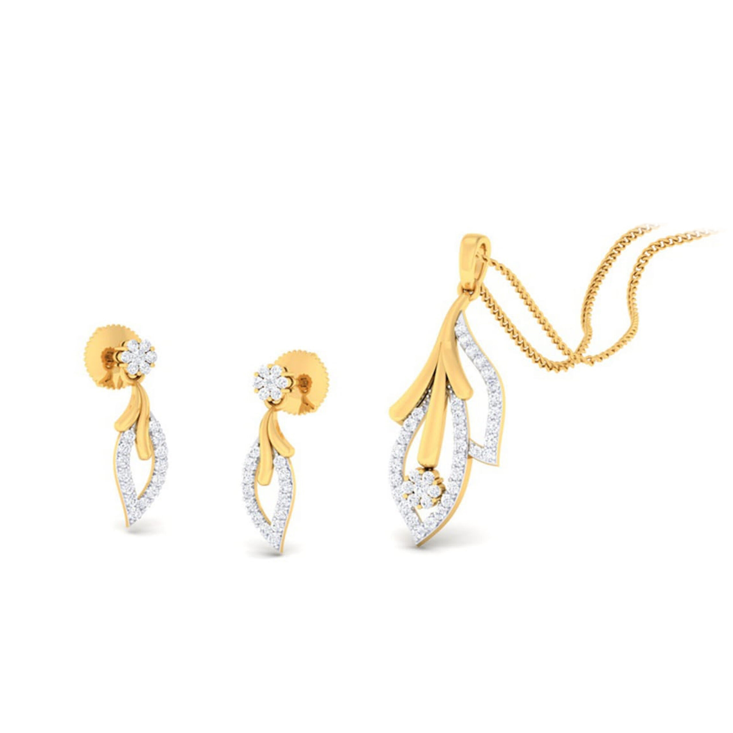 22k gold cz leafy pendant set