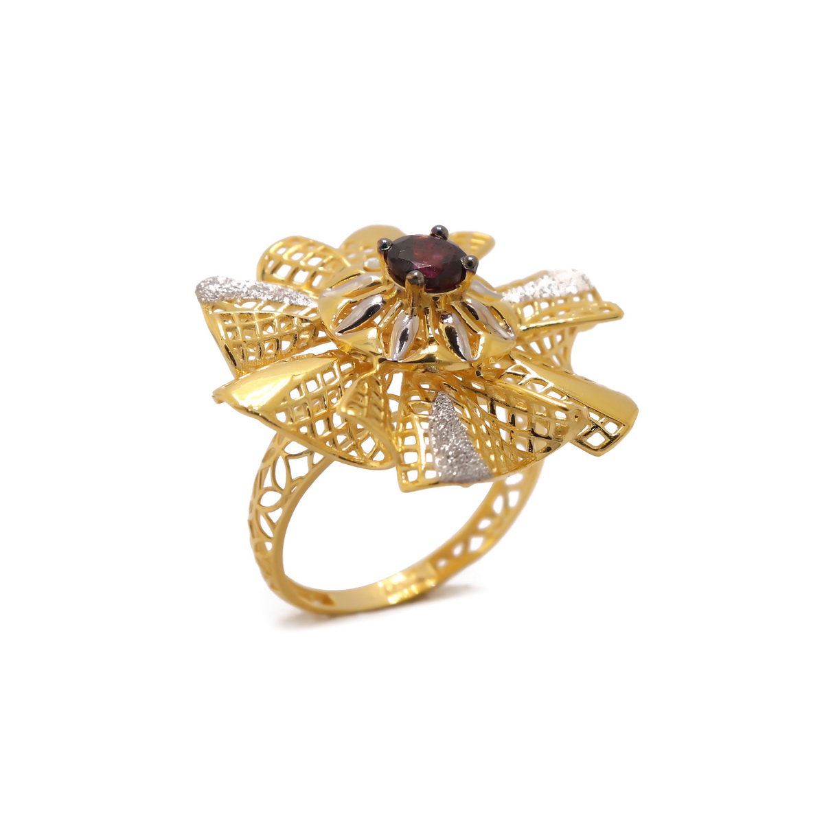 22k yellow gold red garnate floral ring