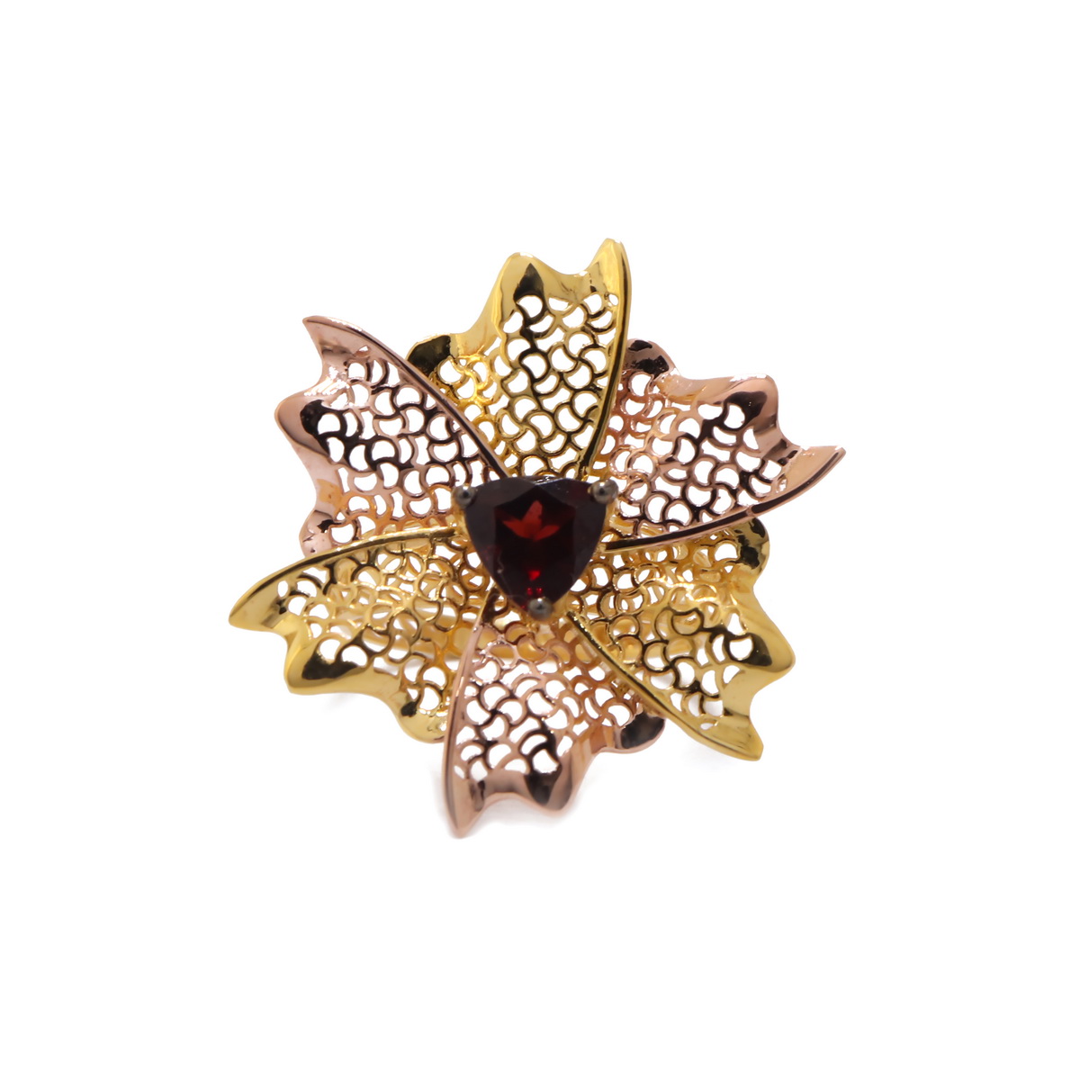 22k yellow gold red garnate floral ring - Image 3